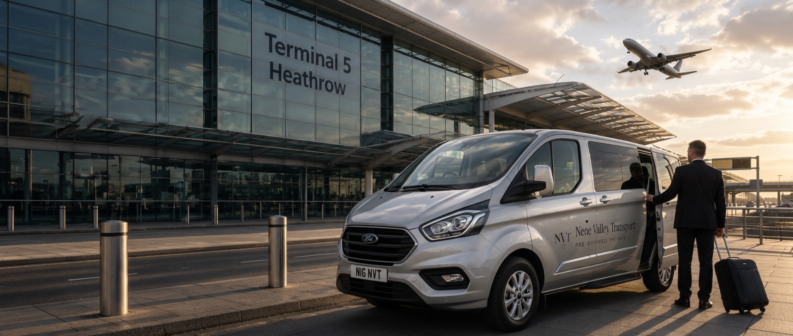 Nene Valley Transport silver people carrier and driver collecting a passenger outside Heathrow Terminal 5